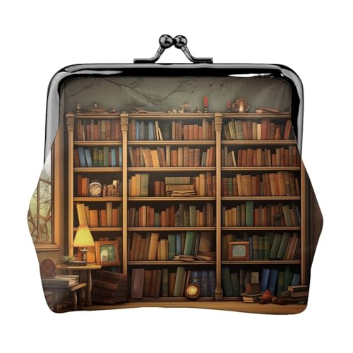 Münzgeldbörse, kleine Geldbörse aus PU-Leder, Retro-Bücherregal, bedruckt, Kiss-Lock-Münzgeldbörse mit Verschluss, Schwarz , Einheitsgröße, Münzgeldbörse von YoupO