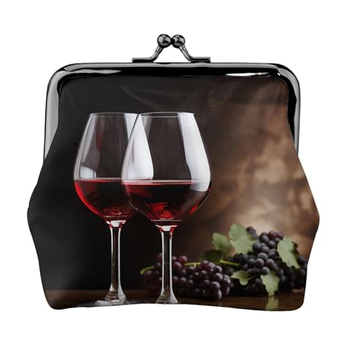 Münzgeldbörse, kleine Geldbörse aus PU-Leder, Rotweinbecher, bedruckt, Kiss-Lock-Münzgeldbörse mit Verschluss, Schwarz , Einheitsgröße, Münzgeldbörse von YoupO