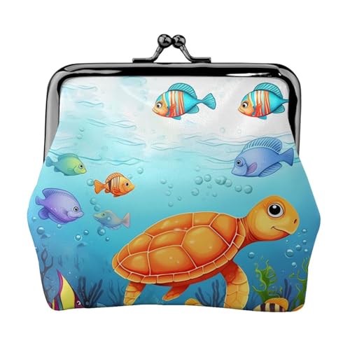 Münzgeldbörse, kleine Geldbörse aus PU-Leder, Schildkröte und Fisch bedruckt, Kiss-Lock-Münzgeldbörse mit Verschluss, Schwarz , Einheitsgröße, Münzgeldbörse von YoupO