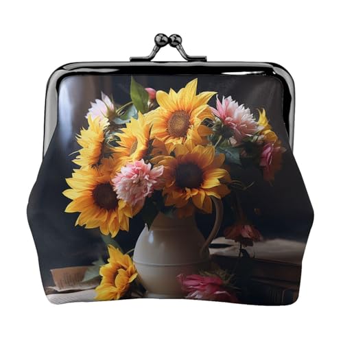 Münzgeldbörse, kleine Geldbörse aus PU-Leder, Sommerblumen-Arrangement, bedruckt, Kiss-Lock-Münzgeldbörse mit Verschluss, Schwarz , Einheitsgröße, Münzgeldbörse von YoupO
