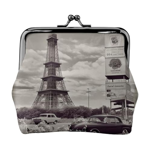 Münzgeldbörse, kleine Geldbörse aus PU-Leder, Turm und Auto, bedruckt, Kiss-Lock-Münzgeldbörse mit Verschluss, Schwarz , Einheitsgröße, Münzgeldbörse von YoupO