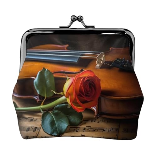 Münzgeldbörse, kleine Geldbörse aus PU-Leder, Violine und Rose, bedruckt, Kiss-Lock-Münzgeldbörse mit Verschluss, Schwarz , Einheitsgröße, Münzgeldbörse von YoupO