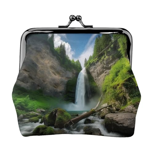 Münzgeldbörse, kleine Geldbörse aus PU-Leder, Wasserfall-Ansicht, bedruckt, Kiss-Lock-Münzgeldbörse mit Verschluss, Schwarz , Einheitsgröße, Münzgeldbörse von YoupO