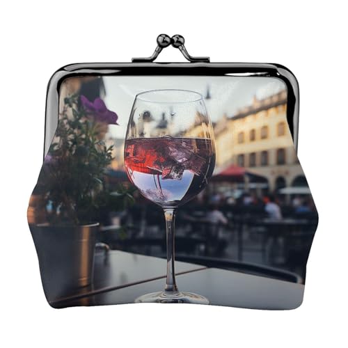 Münzgeldbörse, kleine Geldbörse aus PU-Leder, Weinglas, bedruckt, Kiss-Lock-Münzgeldbörse mit Verschluss, Schwarz , Einheitsgröße, Münzgeldbörse von YoupO