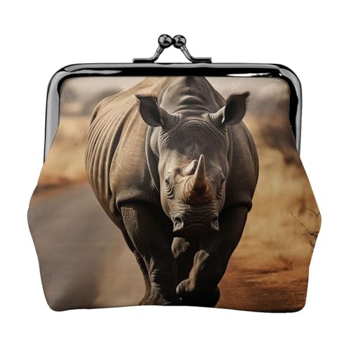 Münzgeldbörse, kleine Geldbörse aus PU-Leder, Wildtiere, schwarzes Nashorn, bedruckt, Kiss-Lock-Münzgeldbörse mit Verschluss, Schwarz , Einheitsgröße, Münzgeldbörse von YoupO