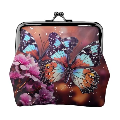 Münzgeldbörse, kleine Geldbörse aus PU-Leder, bunte Schmetterlinge auf Blumen, bedruckt, Kiss-Lock-Münzgeldbörse mit Verschluss, Schwarz , Einheitsgröße, Münzgeldbörse von YoupO