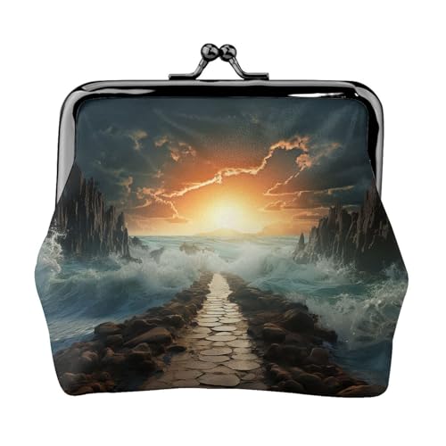 Münzgeldbörse, kleine Geldbörse aus PU-Leder, geteilter Meeresweg, bedruckt, Kiss-Lock-Münzgeldbörse mit Verschluss, Schwarz , Einheitsgröße, Münzgeldbörse von YoupO