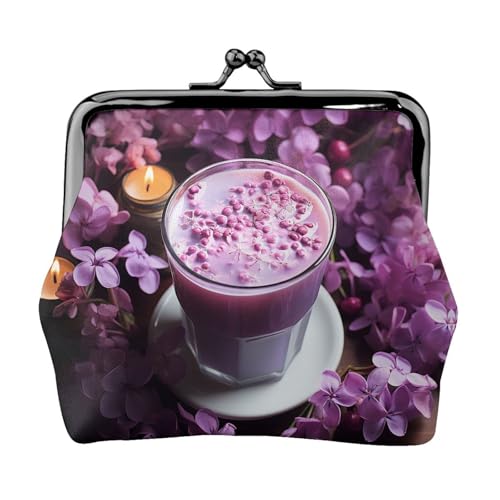 Münzgeldbörse, kleine Geldbörse aus PU-Leder, lila Blumen, bedruckt, Kiss-Lock-Münzgeldbörse mit Verschluss, Schwarz , Einheitsgröße, Münzgeldbörse von YoupO