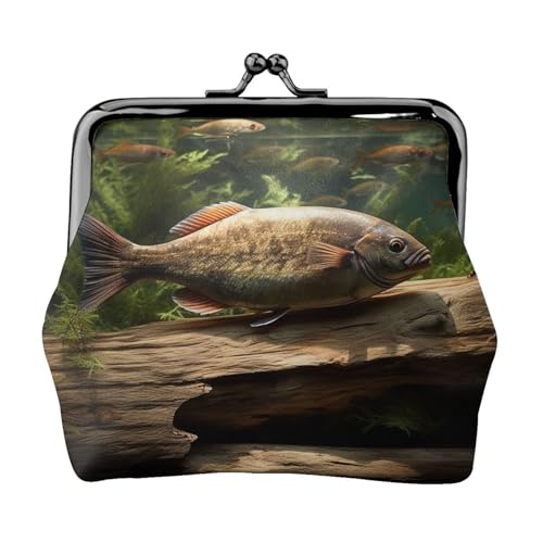 Münzgeldbörse, kleine Geldbörse aus PU-Leder, mit Holz- und Fisch-Druck, Kiss-Lock-Münzgeldbörse mit Verschluss, Schwarz , Einheitsgröße, Münzgeldbörse von YoupO