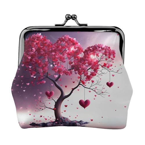 Münzgeldbörse, kleine Geldbörse aus PU-Leder, romantische Herzen, Blätter, Baum, bedruckt, Kiss-Lock-Münzgeldbörse mit Verschluss, Schwarz , Einheitsgröße, Münzgeldbörse von YoupO
