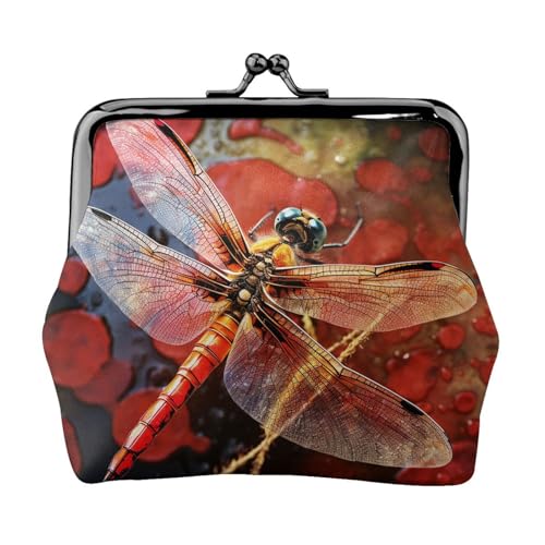 Münzgeldbörse, kleine Geldbörse aus PU-Leder, rote Libelle, bedruckt, Kiss-Lock-Münzgeldbörse mit Verschluss, Schwarz , Einheitsgröße, Münzgeldbörse von YoupO