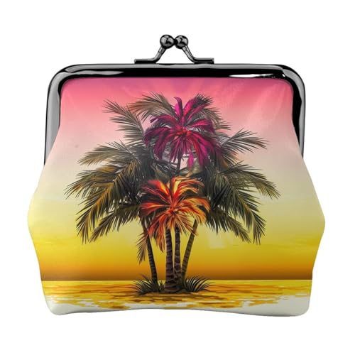 Münzgeldbörse, kleine Geldbörse aus PU-Leder, tropische Blume, Palme, bedruckt, Kiss-Lock-Münzgeldbörse mit Verschluss, Schwarz , Einheitsgröße, Münzgeldbörse von YoupO