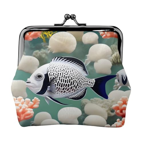 Münzgeldbörse, kleine Geldbörse aus PU-Leder, weißer tropischer Fisch, bedruckt, Kiss-Lock-Münzgeldbörse mit Verschluss, Schwarz , Einheitsgröße, Münzgeldbörse von YoupO