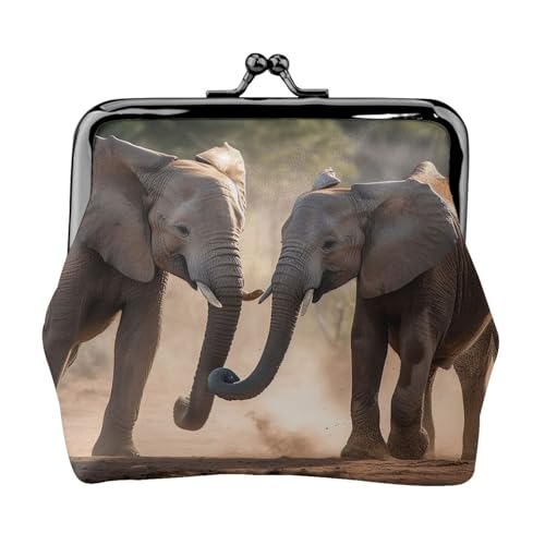 Münzgeldbörse, kleine Geldbörse aus PU-Leder, zwei Elefanten spielen, bedruckte Kiss-Lock-Münzgeldbörse mit Verschluss, Schwarz , Einheitsgröße, Münzgeldbörse von YoupO