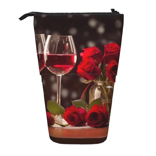 Roses and Wine Glasses Print Standing Pencil Case Large Capacity Pencil Pouch Cute Telescopic Pencil Bag for Women Men, Schwarz , Einheitsgröße, Reisetasche von YoupO