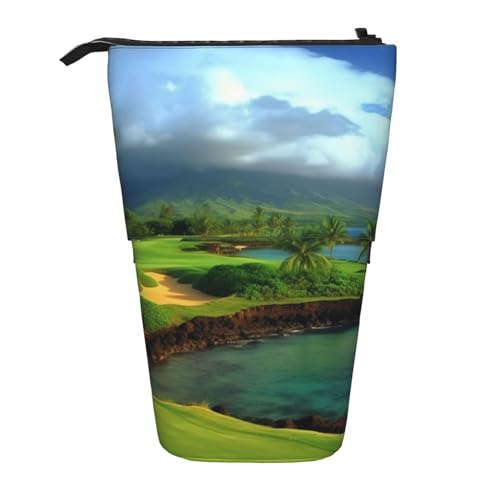 Scenic Hawaii Golf Tropical Print Stehendes Federmäppchen Große Kapazität Federmäppchen Niedliche Teleskop-Bleistifttasche für Damen und Herren, Schwarz , Einheitsgröße, Reisetasche von YoupO