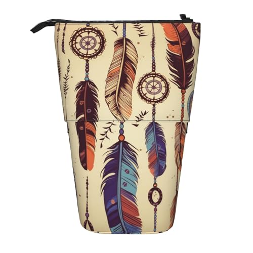 Vintage Ethno Tribal Feather1 Print Stehendes Federmäppchen Große Kapazität Federmäppchen Niedliche Teleskop-Bleistifttasche für Damen Herren, Schwarz , Einheitsgröße, Reisetasche von YoupO