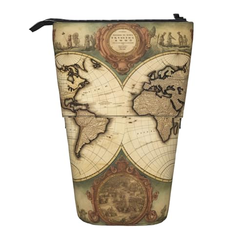 Vintage Old World Map Print Standing Pencil Case Large Capacity Pencil Pouch Cute Telescopic Pencil Bag for Women Men, Schwarz , Einheitsgröße, Reisetasche von YoupO