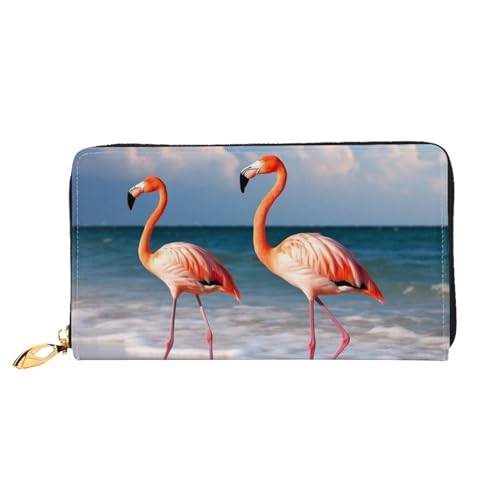 YoupO Pink Flamingo Walking on The Beach Wallet for Women Leather Purse with Zipper Coin Pockets Fashion Handbag Bag, Schwarz , Einheitsgröße von YoupO