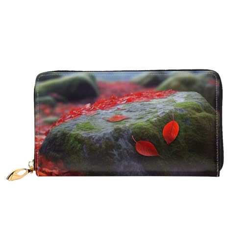 YoupO Rotes Blatt Stein Moos Geldbörse für Frauen Leder Geldbörse mit Reißverschluss Münztaschen Mode Handtasche Tasche, Schwarz , Einheitsgröße von YoupO