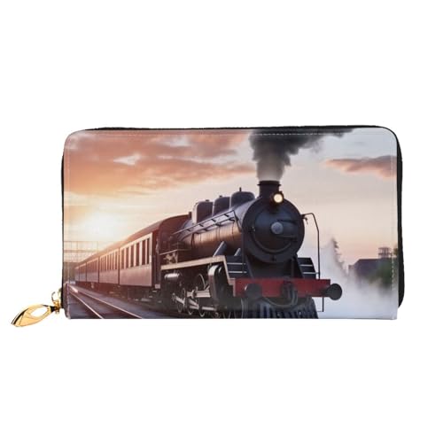 YoupO Steam Train Depart Sunset Geldbörse für Frauen Leder Geldbörse mit Reißverschluss Münztaschen Mode Handtasche Tasche, Schwarz , Einheitsgröße von YoupO