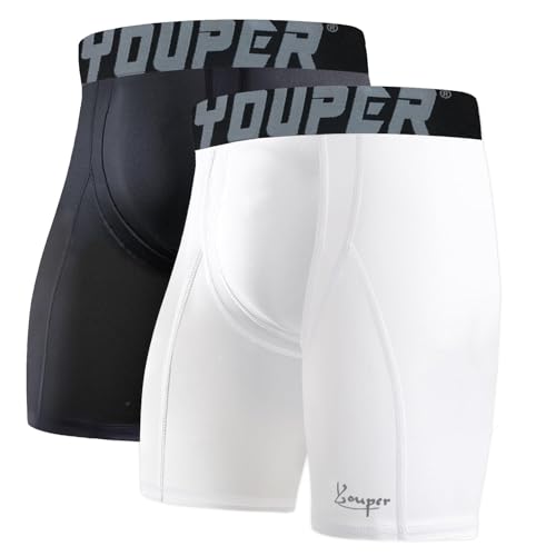 Youper 2er-Pack Kompressionsshorts für Erwachsene mit Körbchentasche, athletische Unterstützung für Baseball und Fußball, Weiß & Schwarz, Medium von Youper
