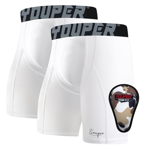 Youper Kompressions-Shorts für Jungen, mit weichen Schutzschalen für Baseball, Fußball, Hockey, Weiß, Größe S (2er-Pack) von Youper