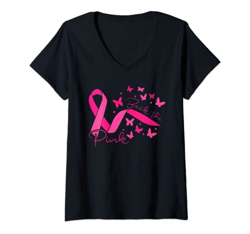 Damen Back The Pink - Tragen Sie Rosa - Rosa Schleife mit Schmetterlingen T-Shirt mit V-Ausschnitt von Your Breast Cancer Awareness Designs