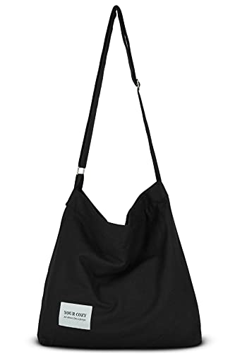 Your Cozy Damen Retro Große Größe Baumwolle Schultertasche Hobo Crossbody Handtasche Casual Tote für Einkaufen und Reisen, Schwarz, One Size von Your Cozy