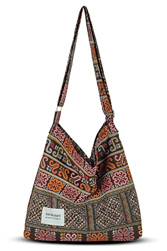 Your Cozy Damen Retro Große Größe Baumwolle Schultertasche Hobo Crossbody Handtasche Casual Tote für Einkaufen und Reisen, Tribe_Chocolate, Einheitsgröße von Your Cozy