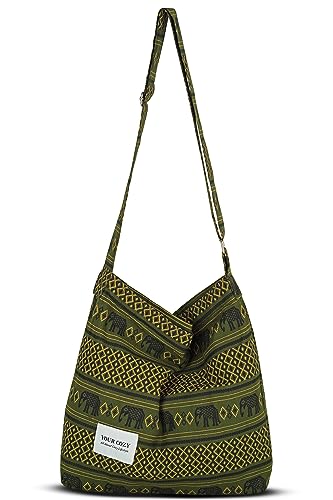 Your Cozy Damen Retro Große Größe Baumwolle Umhängetasche Hobo Crossbody Handtasche Casual Tote für Shopping und Reisen, Grüner Elefant, Einheitsgröße von Your Cozy