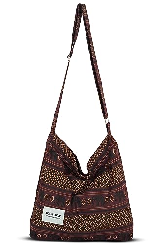 Your Cozy Damen Retro Große Größe Baumwolle Schultertasche Hobo Crossbody Handtasche Casual Tote für Einkaufen und Reisen, Mahagoni Elefant, Large von Your Cozy