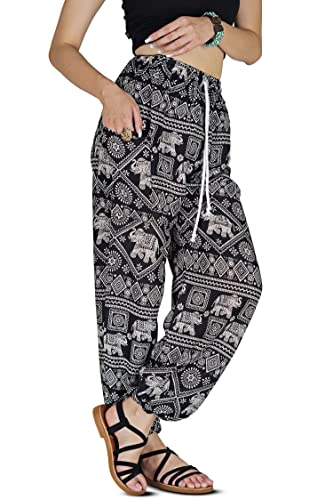 Your Cozy Harem Pants Womens Plus Bohemian Yoga Elephant Beach Lässig Bedruckte Kordelzughose (Black Elephants 2XL) von Your Cozy