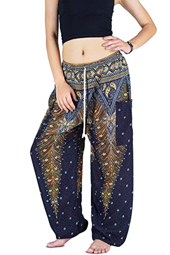 Your Cozy Harem Pants Womens Plus Bohemian Yoga Elephant Beach Lässig Bedruckte Kordelzughose (Peacock Black 3XL) von Your Cozy