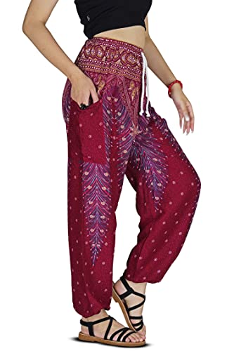 Your Cozy Harem Pants Womens Plus Bohemian Yoga Elephant Beach Lässig Bedruckte Kordelzughose (Peacock Red L) von Your Cozy