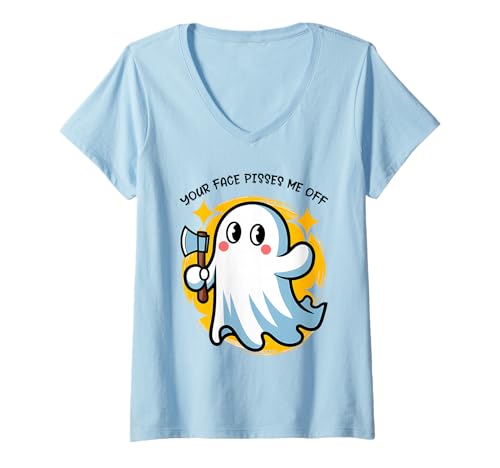 Damen Dein Gesicht pisst Mich aus Shirt Angry Ghost Halloween-Grafik T-Shirt mit V-Ausschnitt Damen Dein Gesicht pisst Mich aus Shirt Angry Ghost Halloween-Grafik T-Shirt mit V-Ausschnitt von Your Face Pisses Me Off Tee Shirts for funny