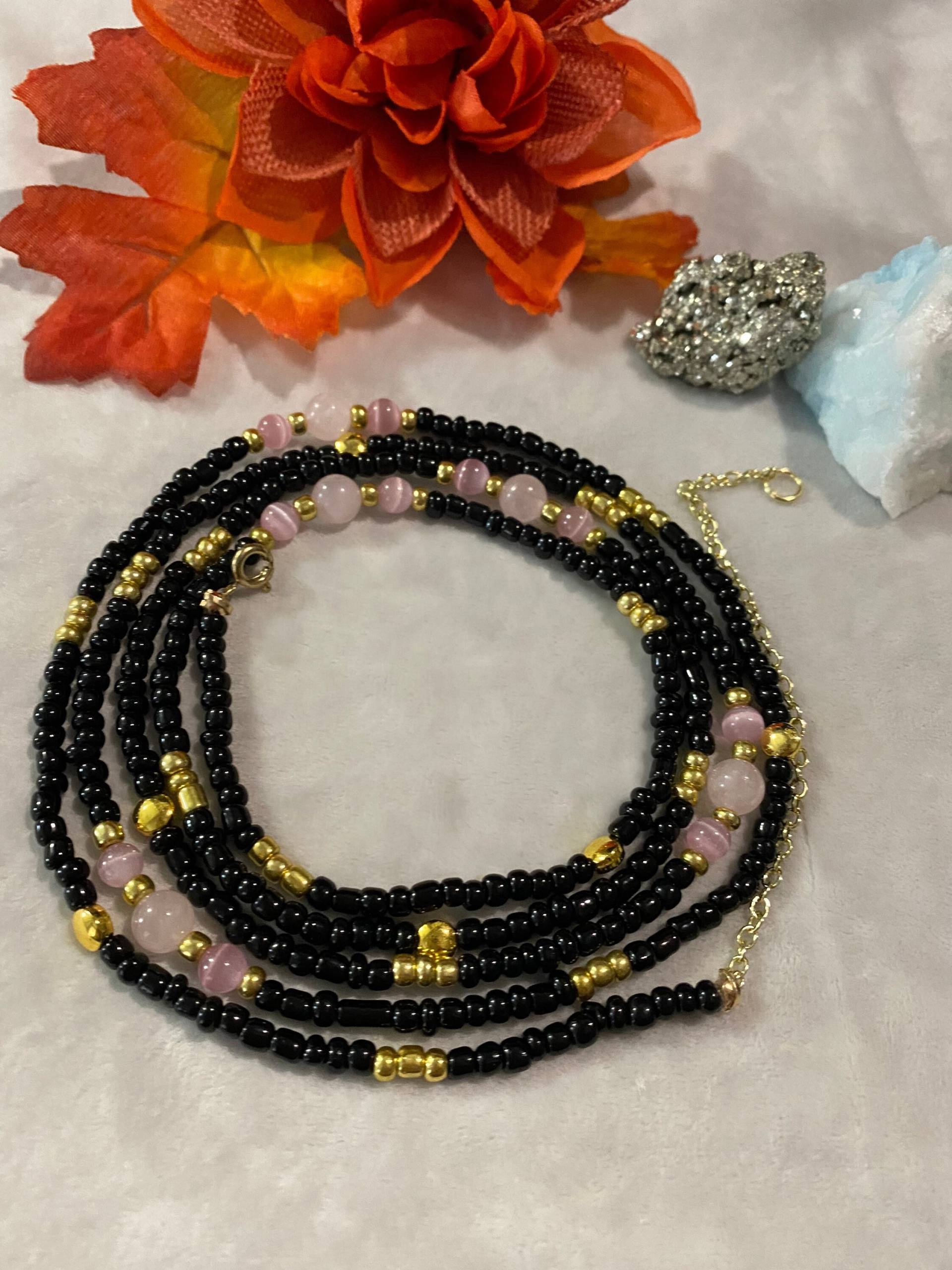 Rosenquarz Taillenperlen, Rosa Und Schwarze Kristall Bauchketten, Spirituelle Perlen Rosenquarz Taillenperlen, Rosa Und Schwarze Kristall Bauchketten, Spirituelle Perlen von YourAGemm