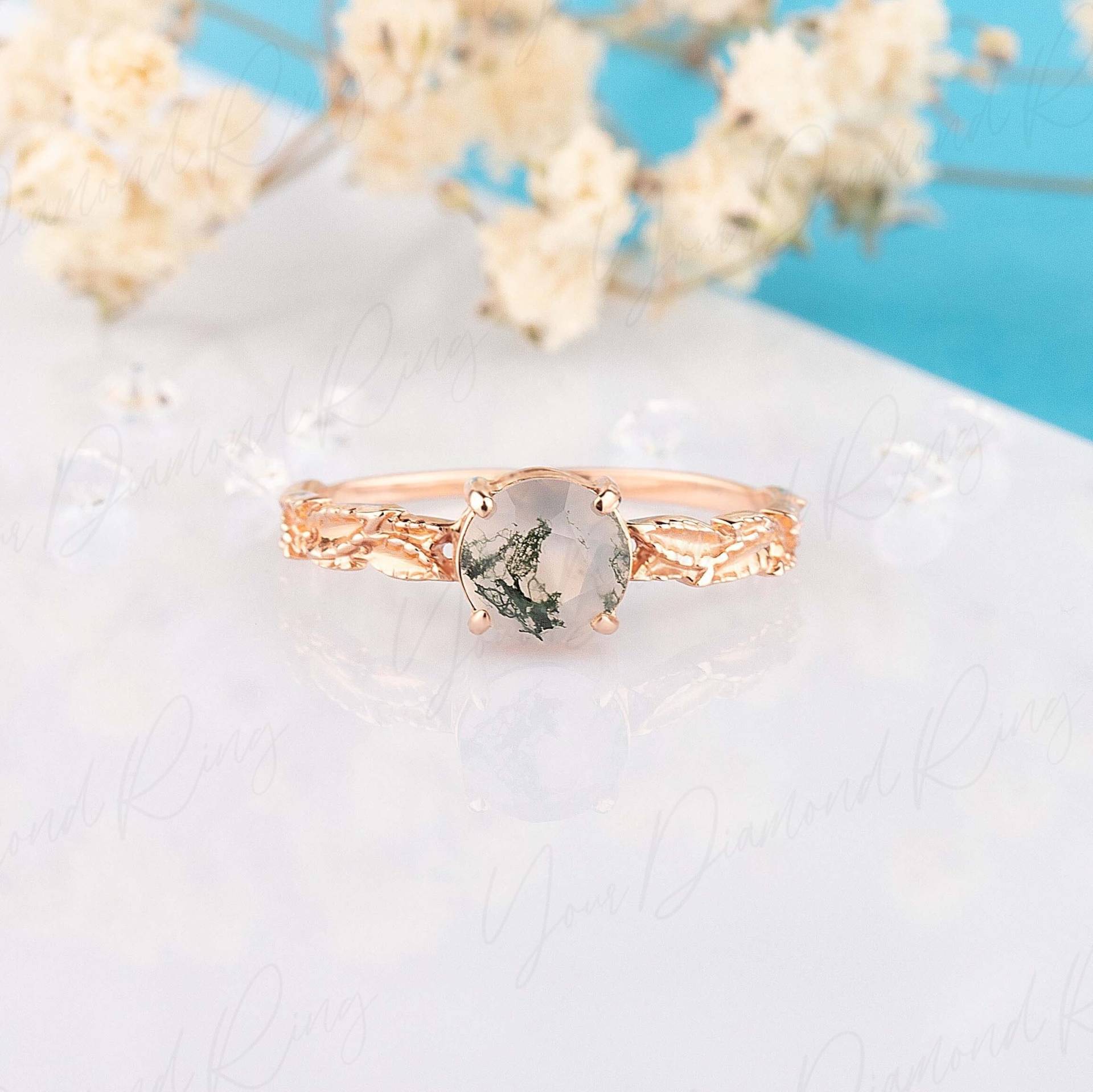 Rose Gold Vintage 1Ct Moos Achat Frauen Blatt Verlobungsring, Jugendstil Antiker Ehering, Runder Versprechen Ring von YourDiamondRing