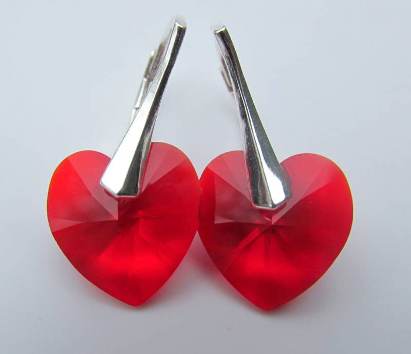 925 Massiv Sterling Silber Leverback Swarovski Xilion Herz Kristall Birthstone Ohrringe - Siam Hell Rot 925 Massiv Sterling Silber Leverback Swarovski Xilion Herz Kristall Birthstone Ohrringe - Siam Hell Rot von YourMomentTreasure