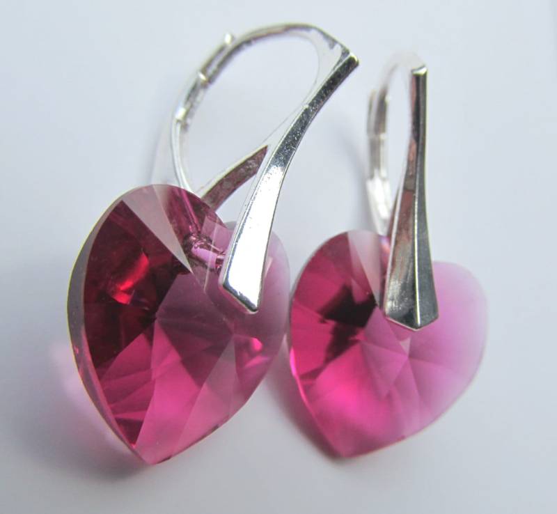 925 Massiv Sterling Silber Leverback Swarovski Xilion Herz Kristall Ohrringe - Fuchsia Hell Lila Pink 925 Massiv Sterling Silber Leverback Swarovski Xilion Herz Kristall Ohrringe - Fuchsia Hell Lila Pink von YourMomentTreasure