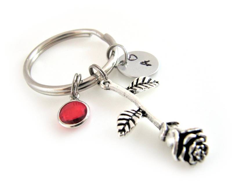 Personalisierter Rose Schlüsselanhänger Mit Initial & Geburtsstein - Benutzerdefinierte Blume Schlüsselanhänger, Brautjungfer Geschenk von YourSpecialCharms