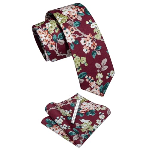 YourTies 6,3 cm Herren Skinny Krawatte Baumwolle FloraL bedruckte Krawatte Clip und Einstecktuch Sets mit Geschenkbox, Rot/Blumenmuster, Einheitsgröße von YourTies