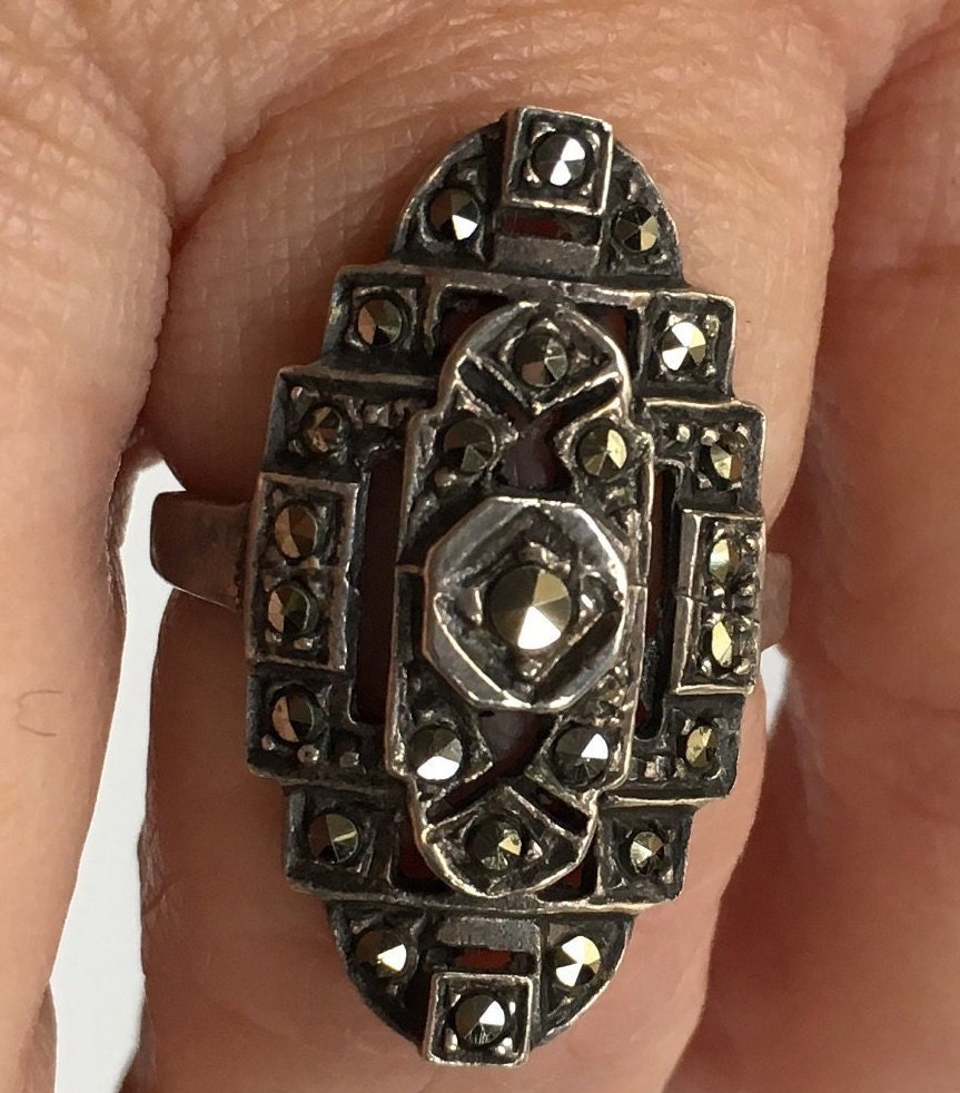 Art Deco Stil Filigrane Sterling Silber Markasit Ring Größe 55, 5 Und 6 3/4 von YourTurnVintageStore