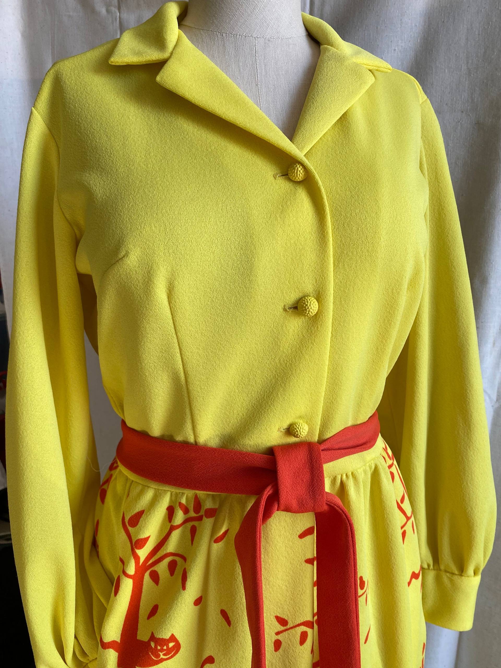 Gokey Gelb Und Orange Katze Print Maxi Kleid Signiert V9 von YourTurnVintageStore
