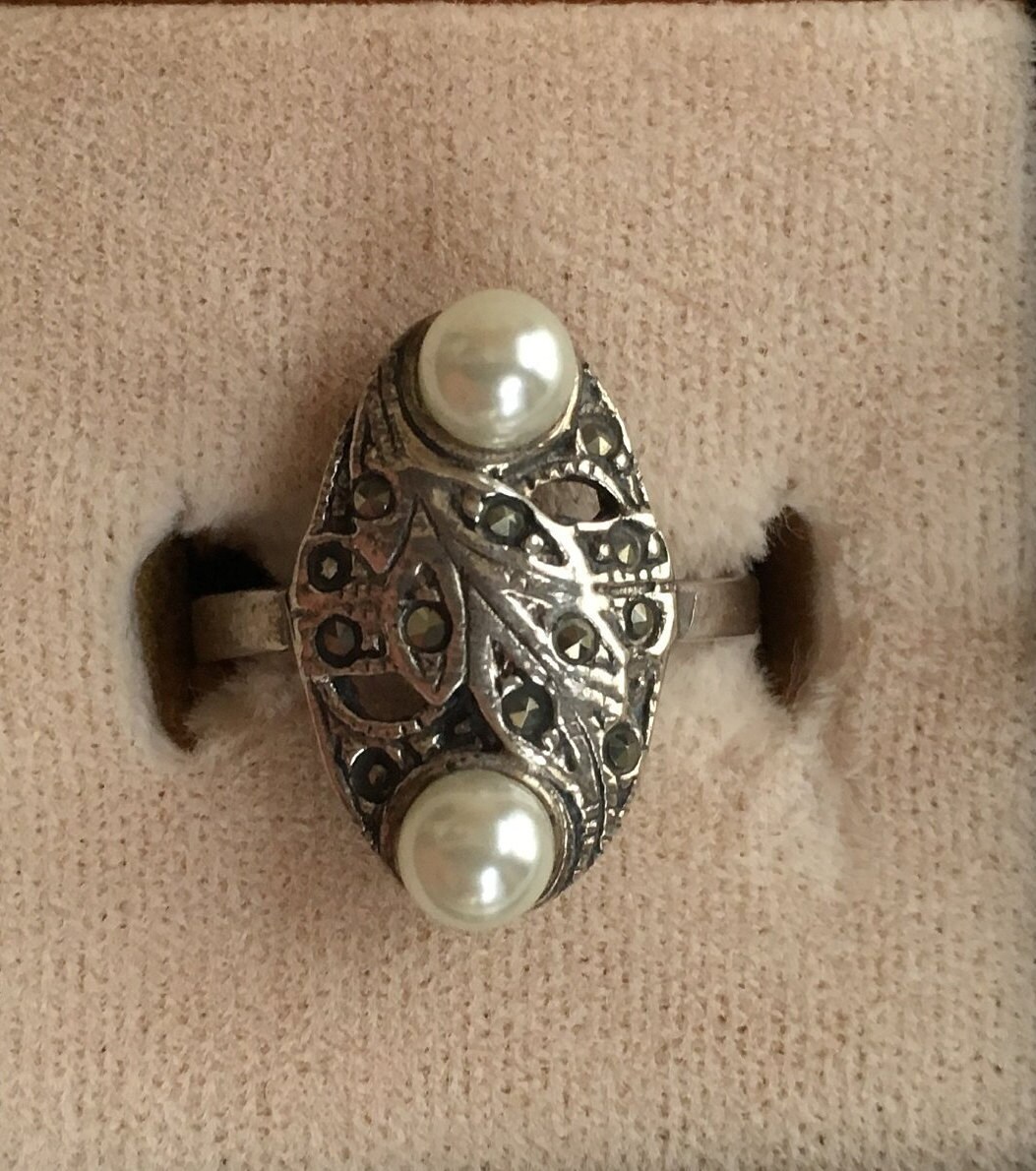 sterling Silber Perle Markasit Ring Größe 5 1/2 von YourTurnVintageStore