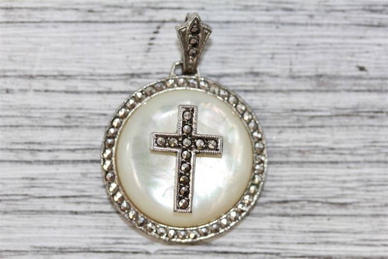 Art Déco 925Er Sterlingsilber Markasit Perlmutt Anhänger Kreuz Milgrain von YourVintageStyle