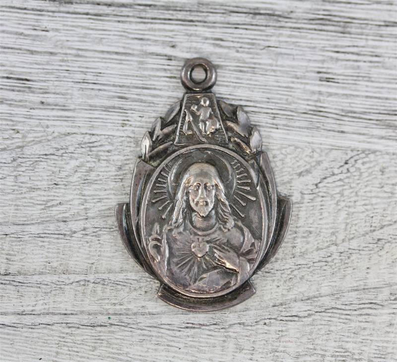 Art-Deco-Heiliges Herz St Christopher Sterling Silber Medaille Religiöses Gebet Christian von YourVintageStyle