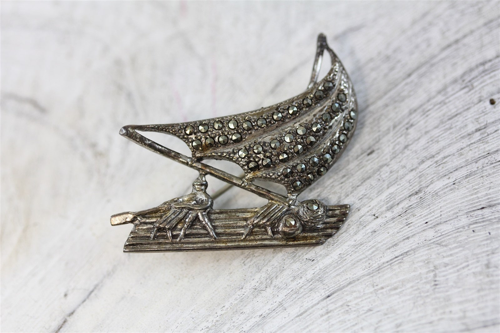 Art Deco Sterling Silber 935 Markasit Flachboot Floß Brosche Pin von YourVintageStyle
