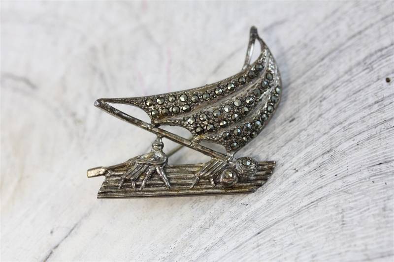 Art Deco Sterling Silber 935 Markasit Flachboot Floß Brosche Pin von YourVintageStyle
