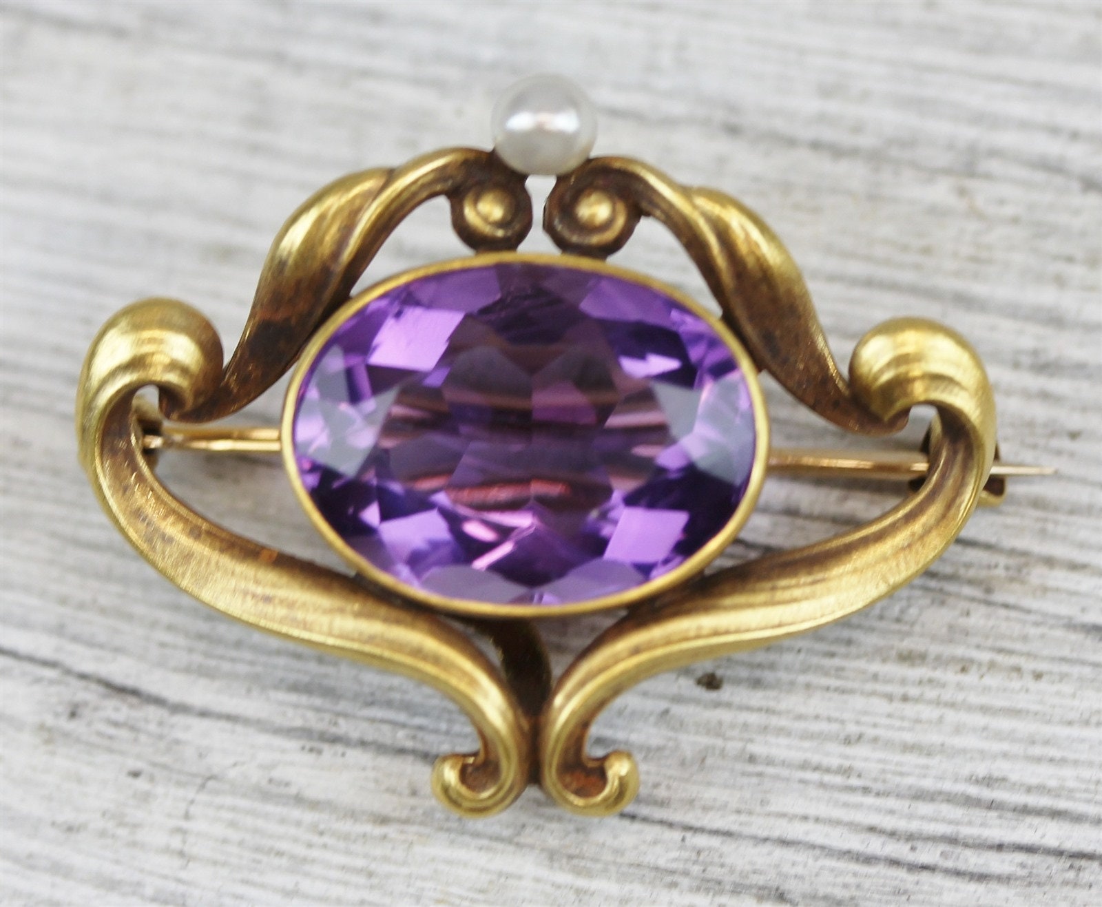 Jugendstil Whiteside Blank 14 K Ylw Gold Amethyst Perle Uhrenbügel Brosche Naturstein Perfekt Für Halskettenumwandlung Anhänger von YourVintageStyle